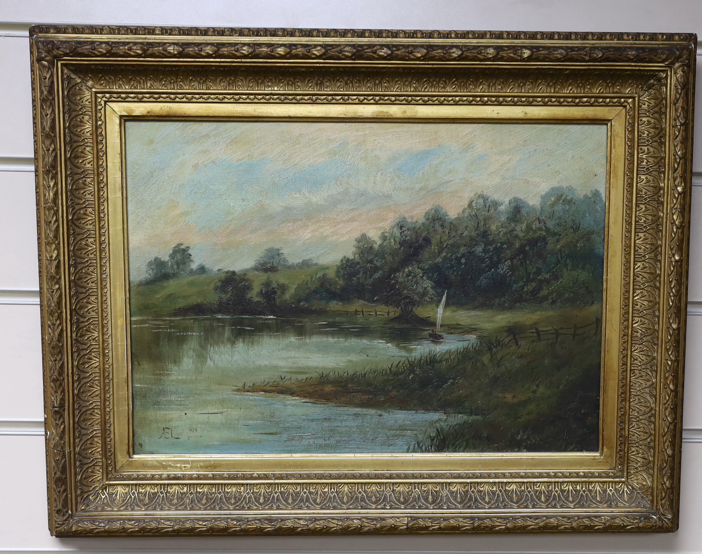Early 20th Century school, oil on canvas, river landscape, monogrammed EL, 24 x 35cm